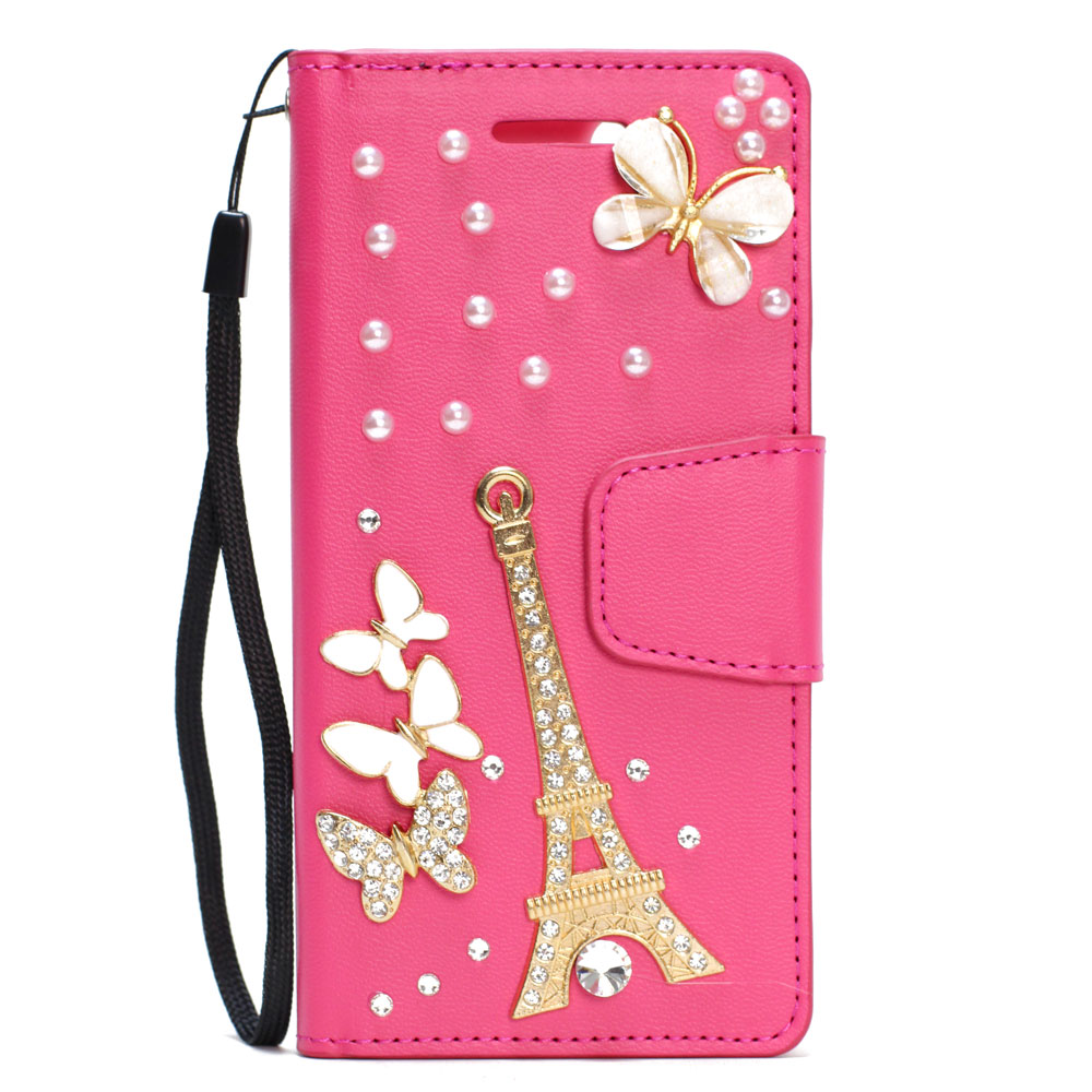 iPHONE XS / X Crystal Flip Leather Wallet Case with Strap (Tower Hot Pink)